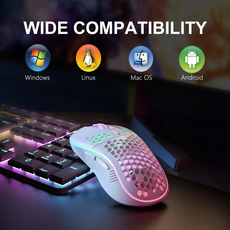 Mouse para jogos sem fio 2.4G RGB com iluminação e carregamento, DPI ajustável, design ergonômico