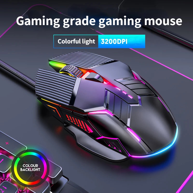 Mouse USB Gaming RGB 3200DPI Ergonômico Wired 6 Botões LED Silencioso