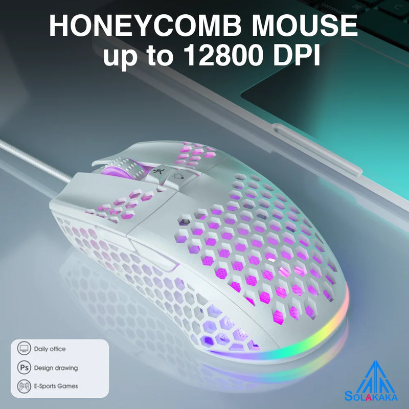 Mouse para jogos com fio SOLAKAKA SM900 com concha de favo de mel 12800DPI 7 botões programáveis Macro personalizado