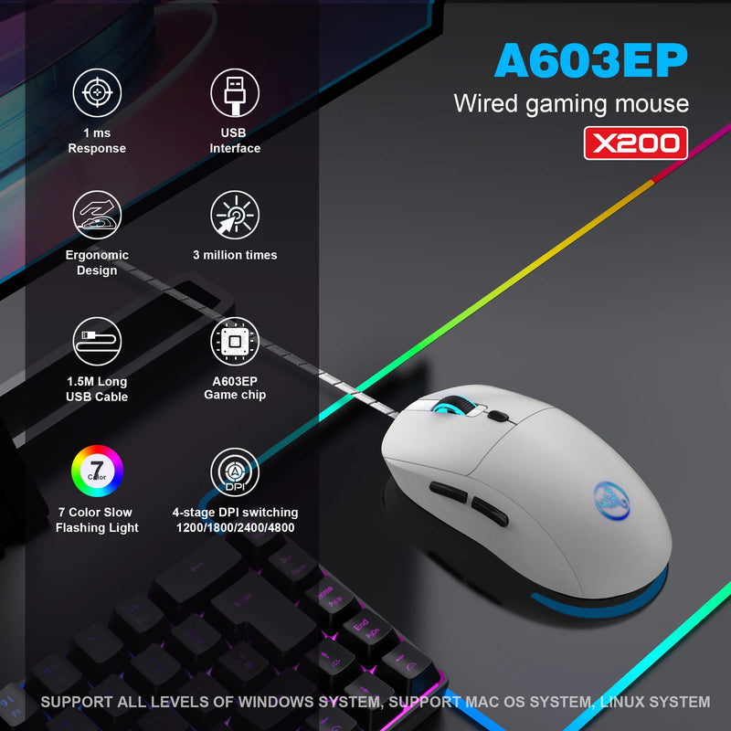 Mouse gamer com fio de 6 teclas ajustável 3600 dpi 7 cores RGB