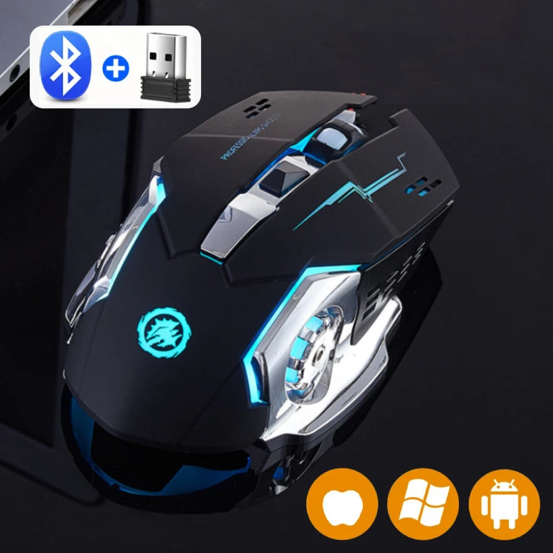 Mouse Gamer sem fio recarregável para jogos de computador, bluetooth silencioso 2.4G USB, retroiluminação mecânica