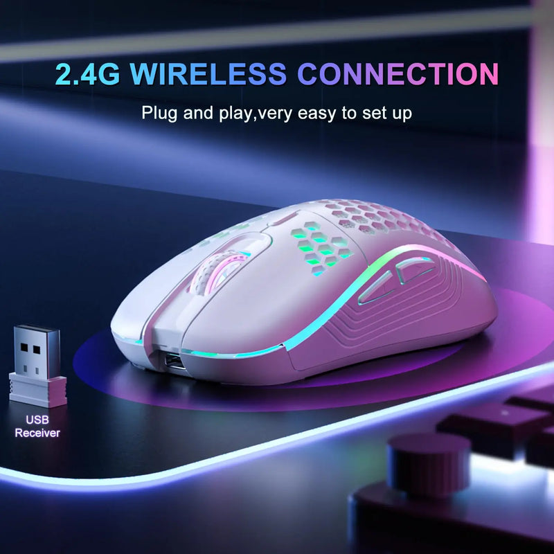 Mouse para jogos sem fio 2.4G RGB com iluminação e carregamento, DPI ajustável, design ergonômico