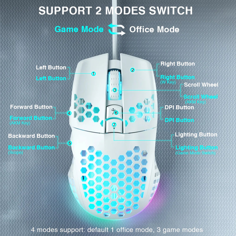 Mouse para jogos com fio SOLAKAKA SM900 com concha de favo de mel 12800DPI 7 botões programáveis Macro personalizado