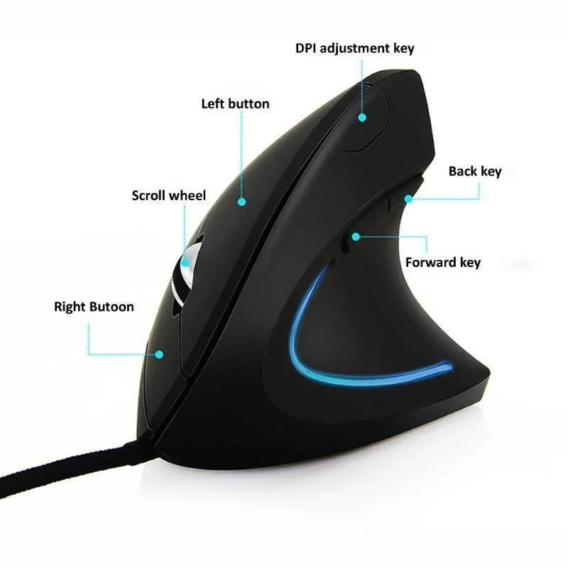 Mouse vertical RGB com fio para jogos, ergonômico, 3200DPI, USB, óptico