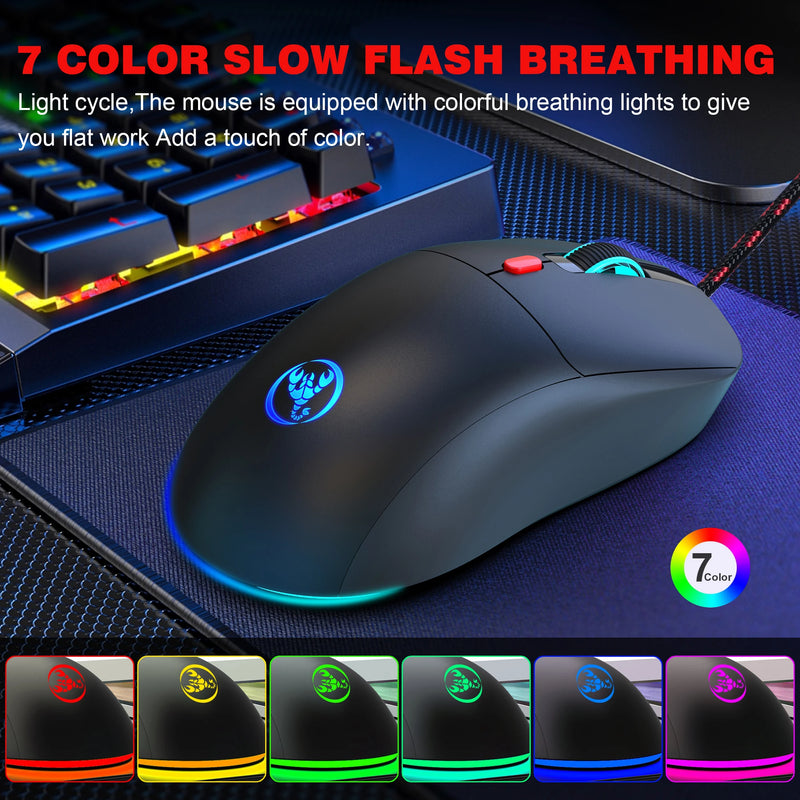 Mouse gamer com fio de 6 teclas ajustável 3600 dpi 7 cores RGB