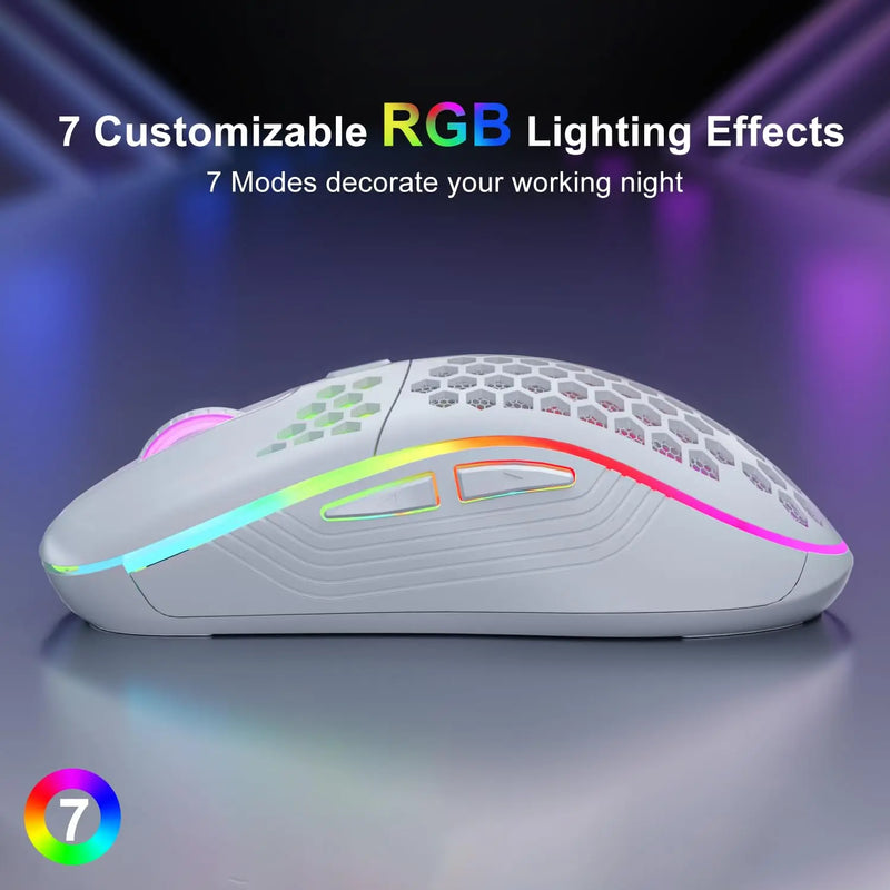 Mouse para jogos sem fio 2.4G RGB com iluminação e carregamento, DPI ajustável, design ergonômico