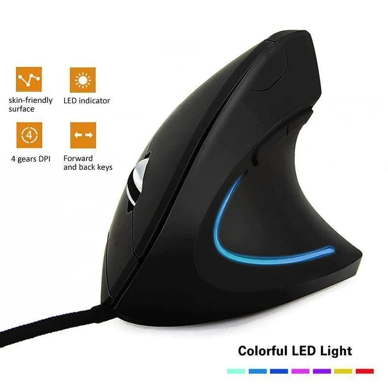 Mouse vertical RGB com fio para jogos, ergonômico, 3200DPI, USB, óptico