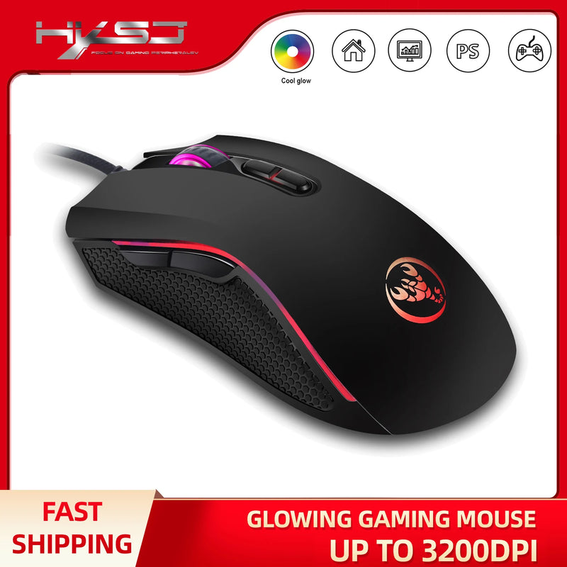 Mouse HXSJ A869 óptico ergonômico RGB ABS 4 níveis de ajuste de resolução para jogos com fio